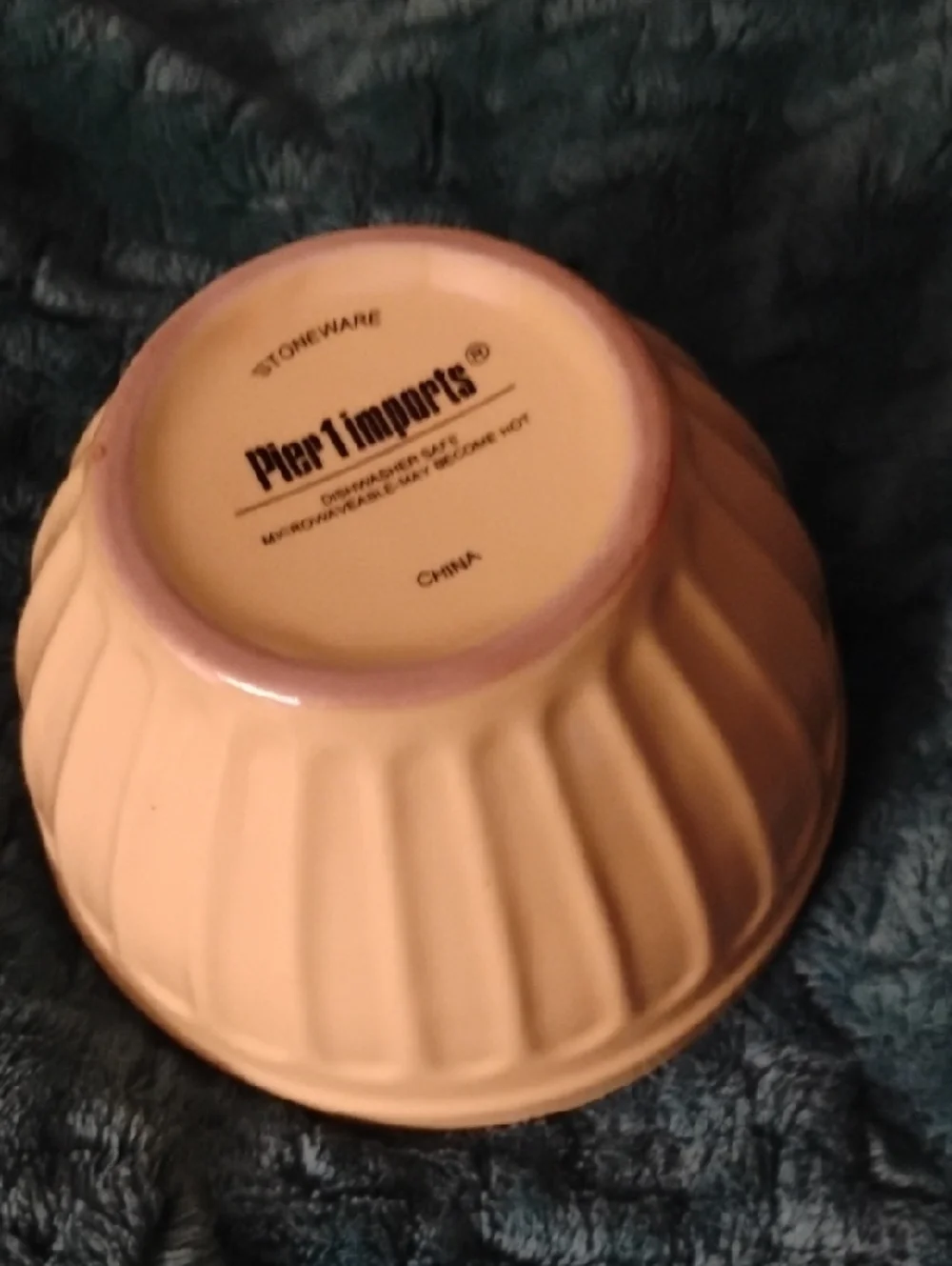 Pier 1 Imports Ribbed Stoneware Bowl in Pale Peach with Lavender Rim